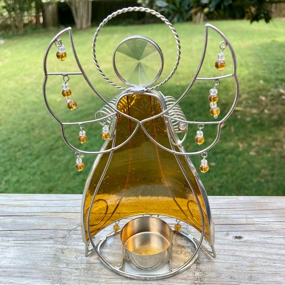 BED BATH and BEYOND Vintage Tealight Candle Stained Glass Angel Amber 7.5 inches - Picture 7 of 11